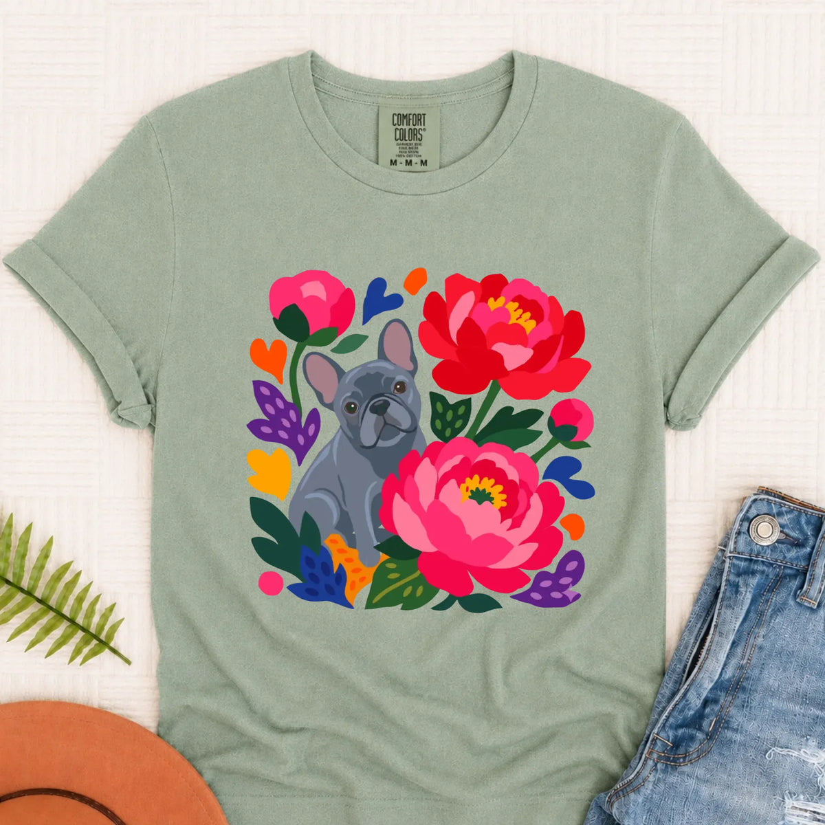 Custom Frenchie Bulldog Peonies Garden Unisex Tshirt Bay