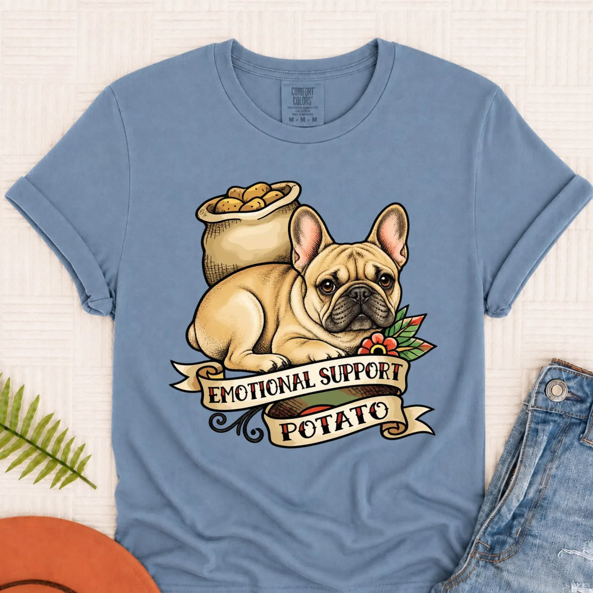 Custom Frenchie Bulldog Potato Unisex TShirt Blue Jean
