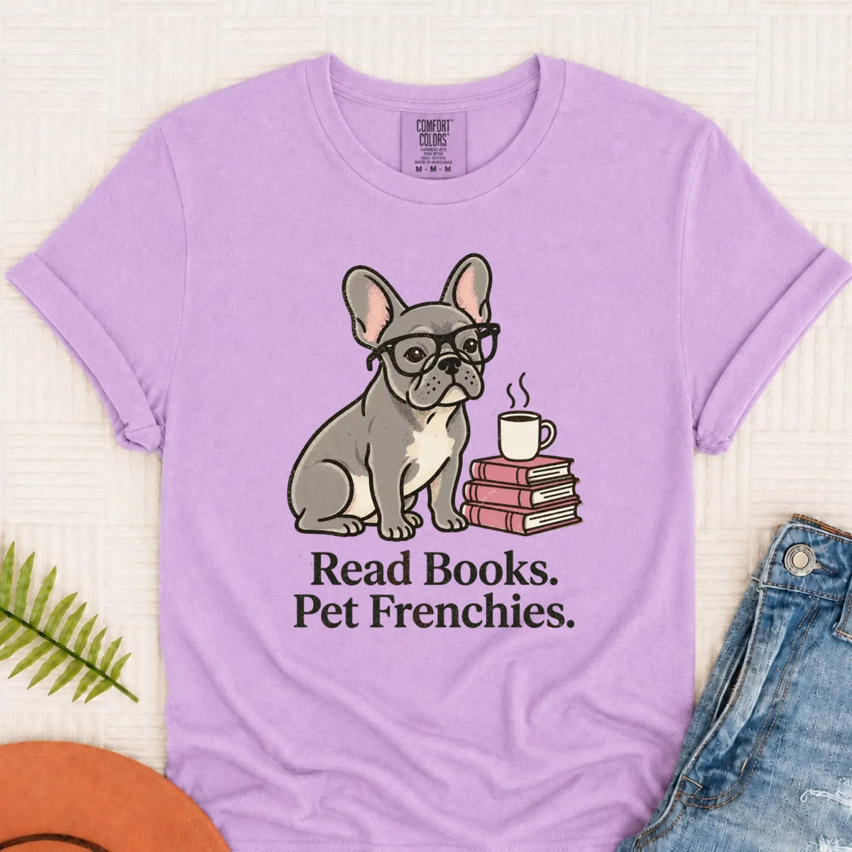 Custom Frenchie Bulldog Read Books Unisex TShirt Orchid