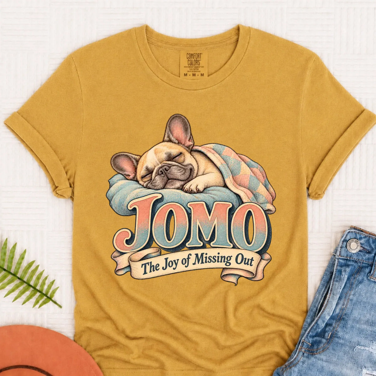 Custom Frenchie Bulldog Sleeping In Unisex TShirt Mustard