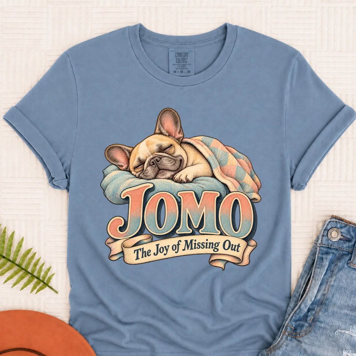 Custom Frenchie Bulldog Sleeping In Unisex TShirt Blue Jean