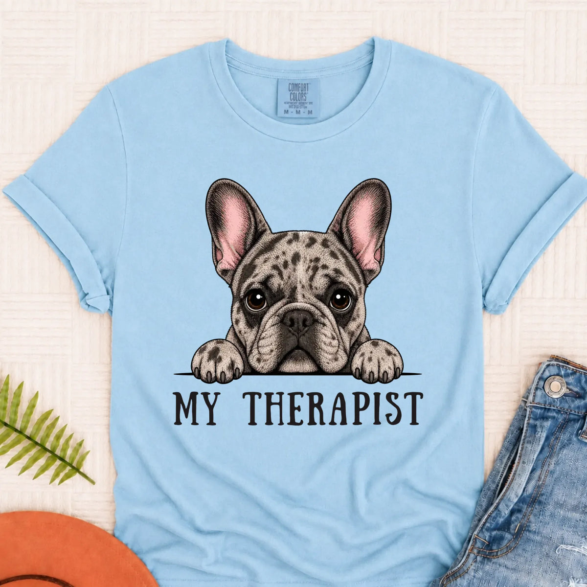Custom Frenchie Bulldog Therapist Unisex Tshirt Chambray