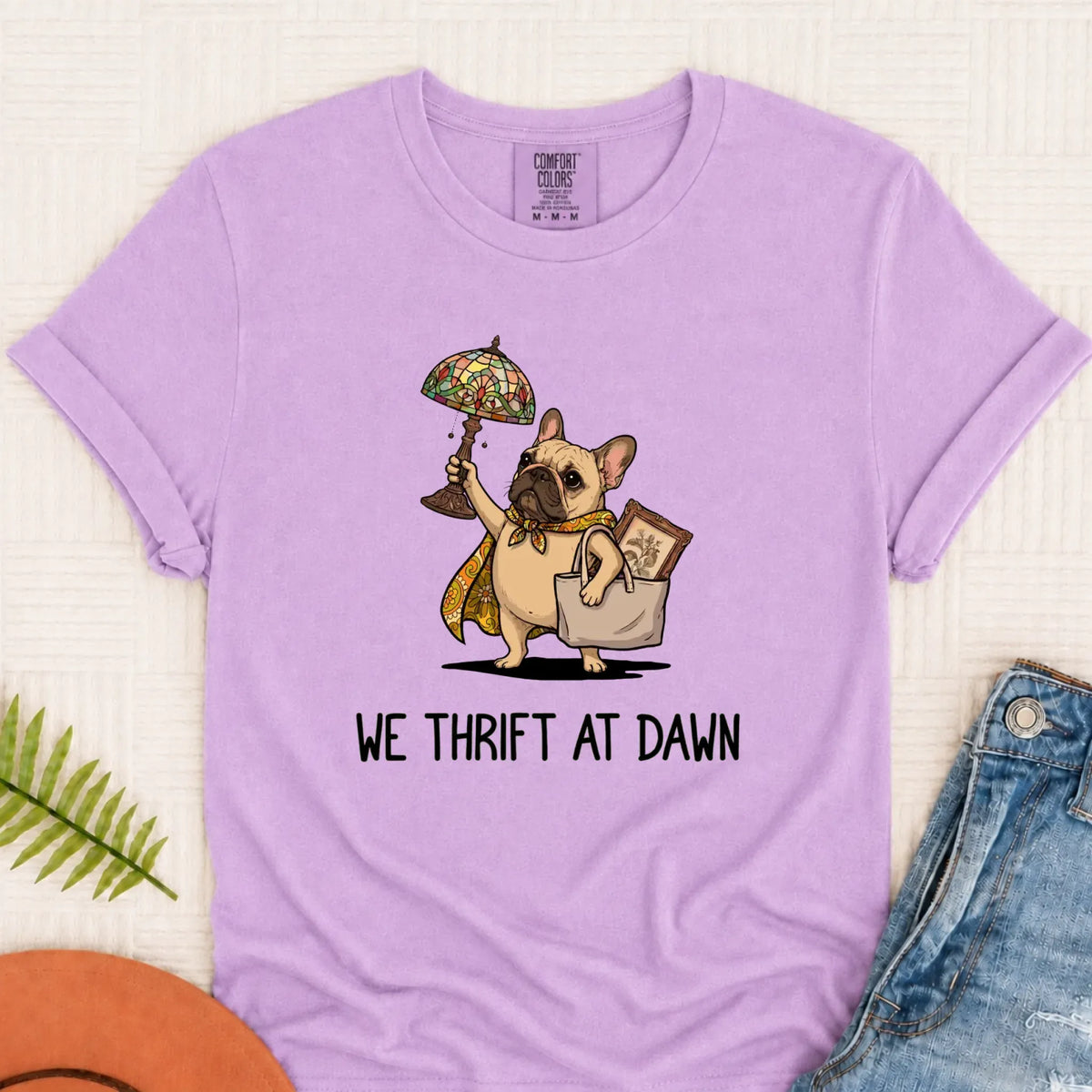 Custom Frenchie Bulldog Thrifting Unisex Tshirt Orchid
