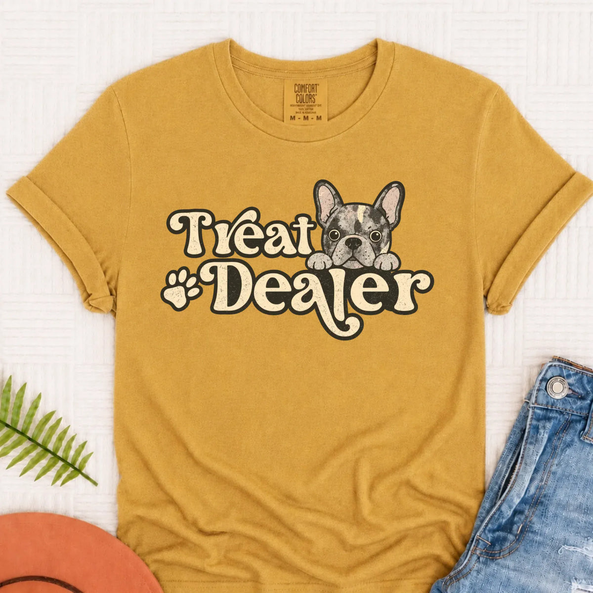 Custom Frenchie Bulldog Treat Dealer Unisex TShirt Mustard