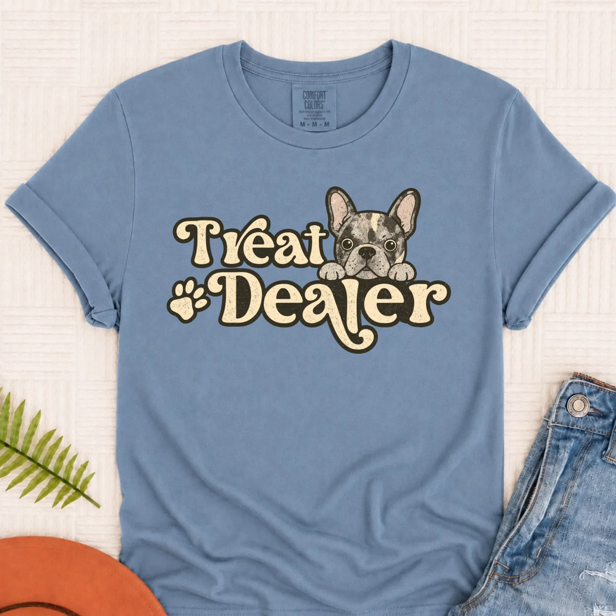Custom Frenchie Bulldog Treat Dealer Unisex TShirt Blue Jean