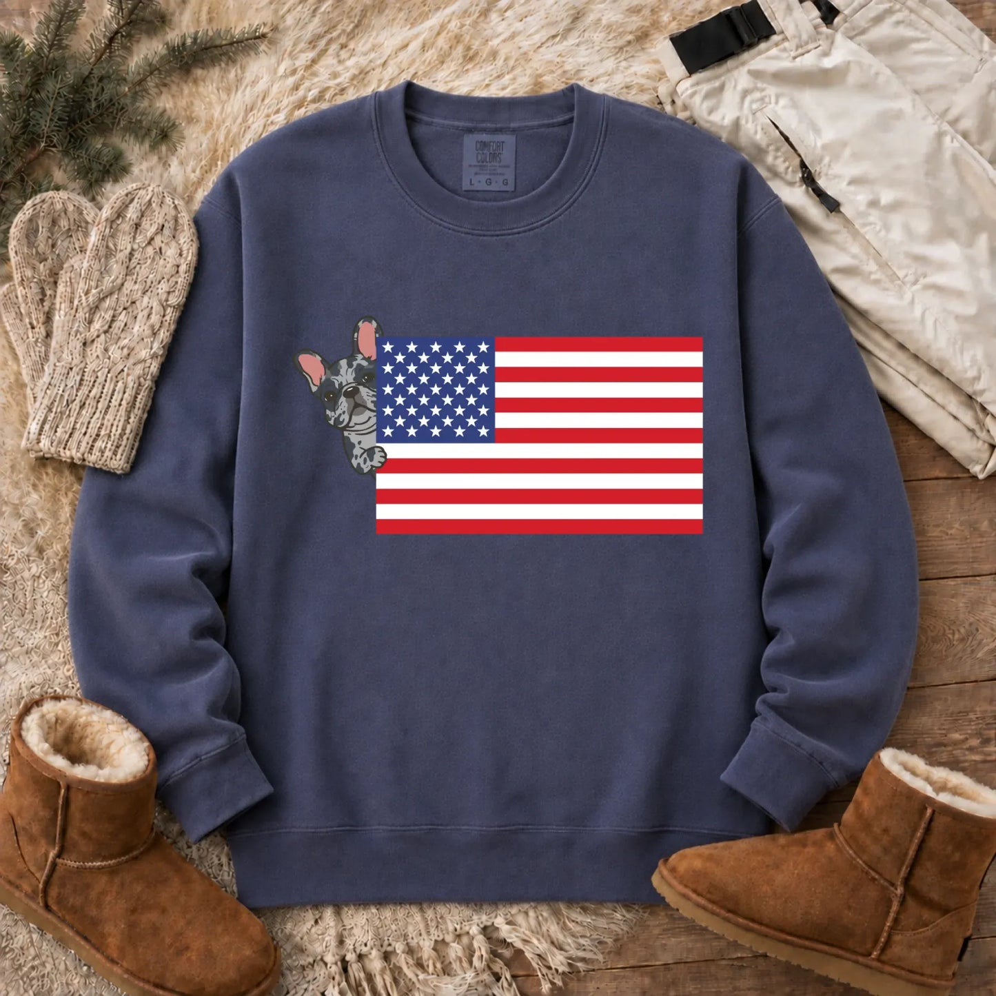 Sweatshirt Denim / S Custom Frenchie Bulldog USA Flag Unisex Sweatshirt