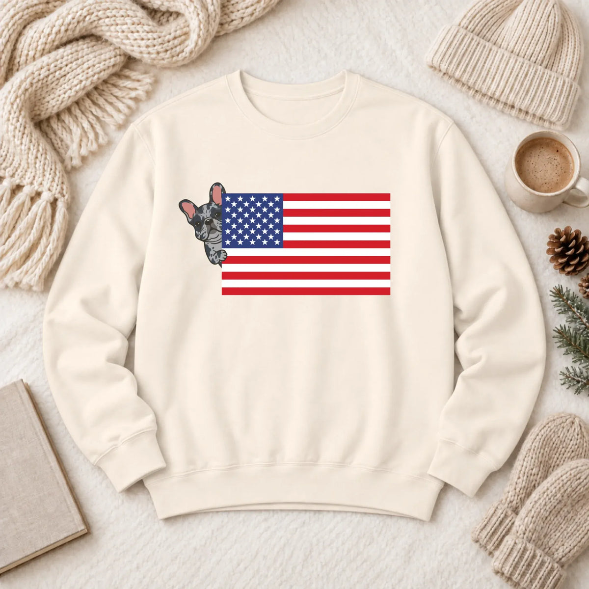 Custom Frenchie Bulldog USA Flag Unisex Sweatshirt Ivory