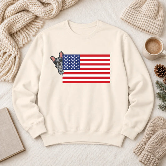 Custom Frenchie Bulldog USA Flag Unisex Sweatshirt Ivory