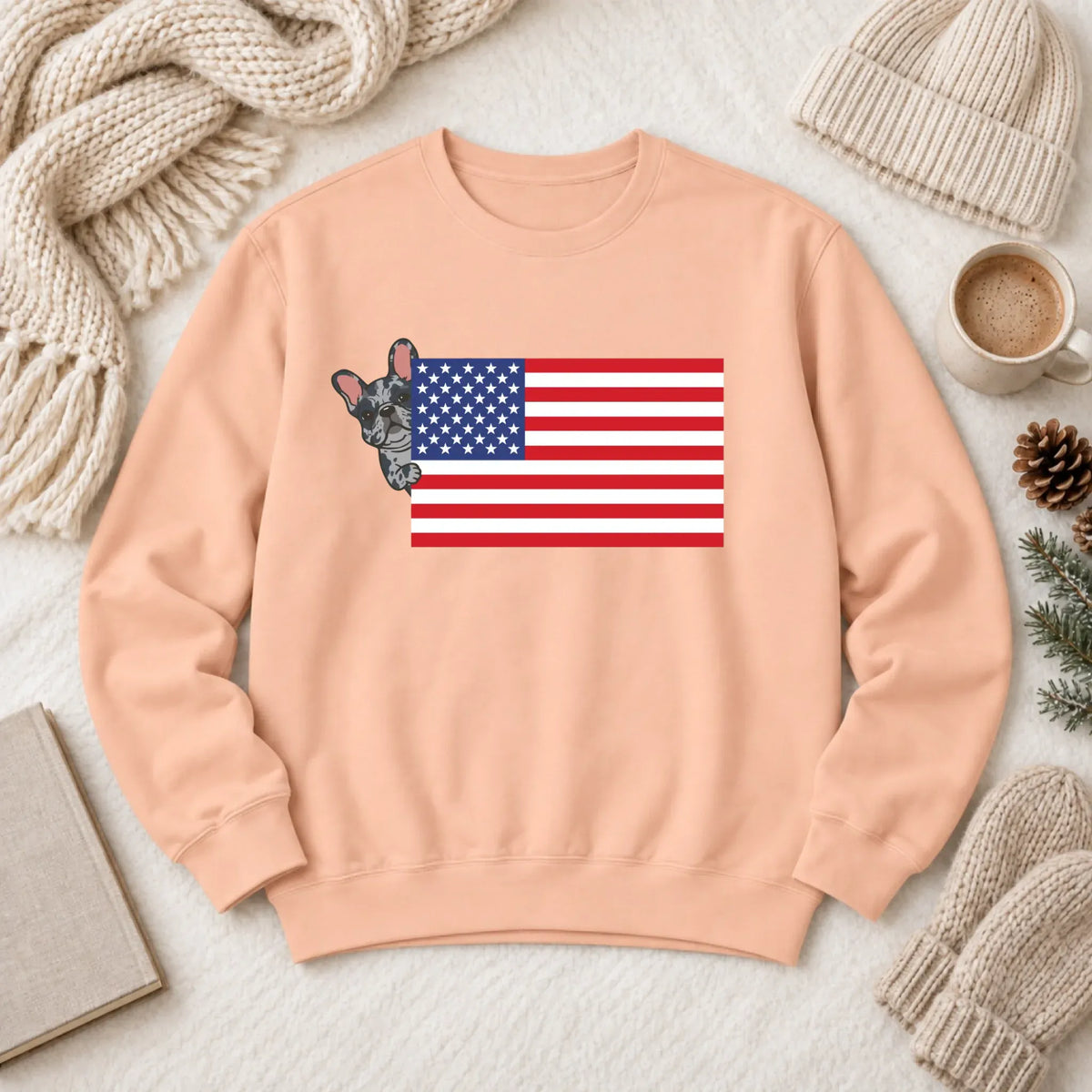 Custom Frenchie Bulldog USA Flag Unisex Sweatshirt Peachy