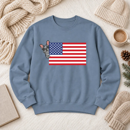 Custom Frenchie Bulldog USA Flag Unisex Sweatshirt Blue Jean