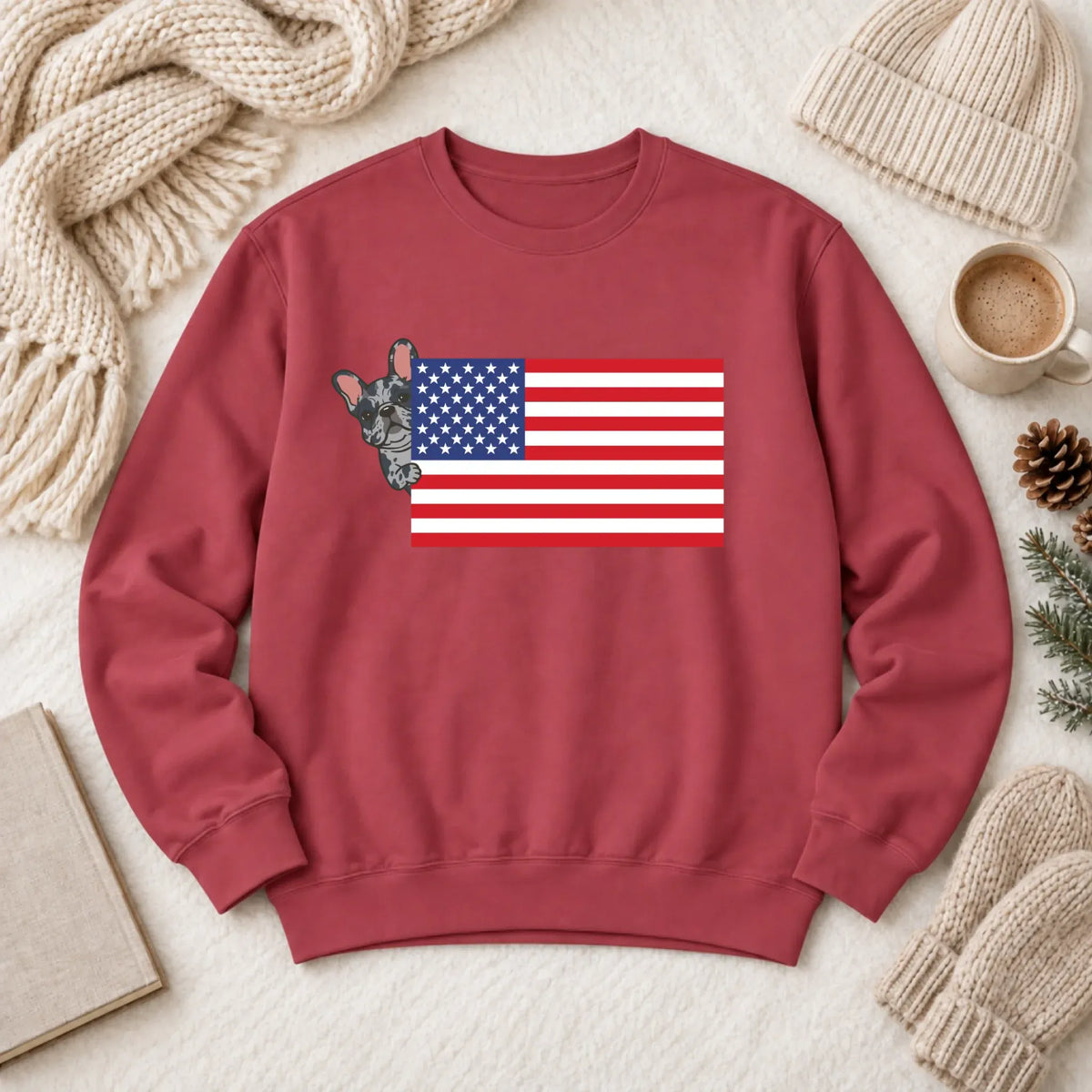 Custom Frenchie Bulldog USA Flag Unisex Sweatshirt Crimson