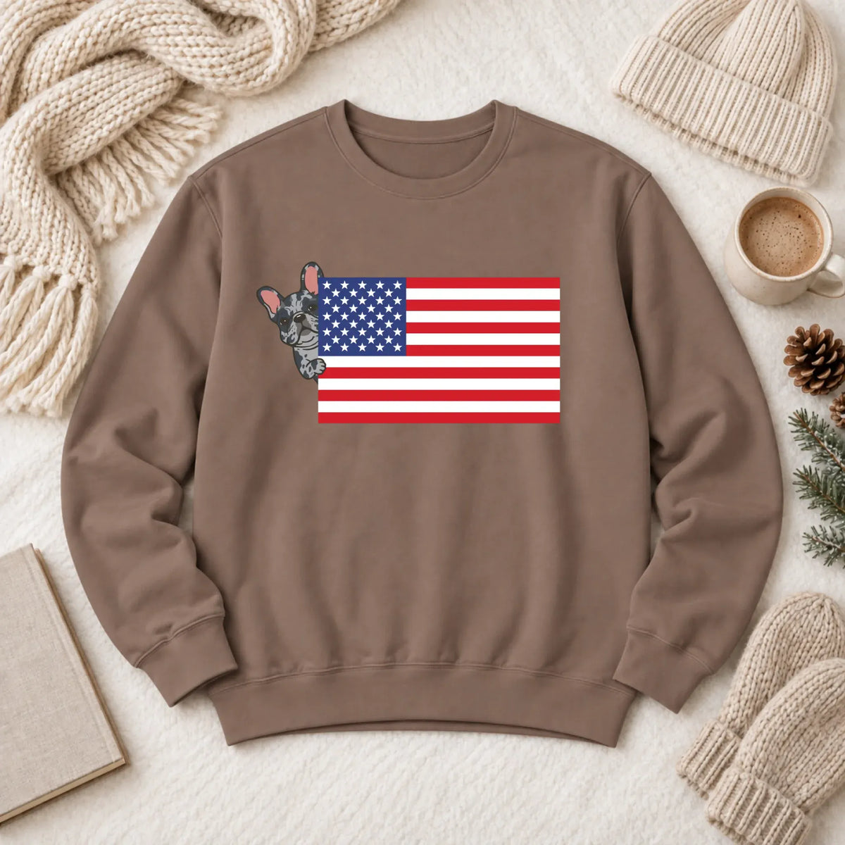 Custom Frenchie Bulldog USA Flag Unisex Sweatshirt Espresso