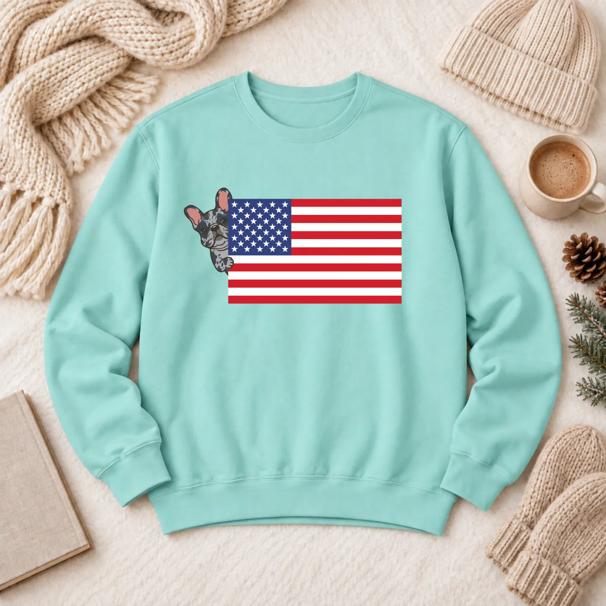 Custom Frenchie Bulldog USA Flag Unisex Sweatshirt Chalky Mint