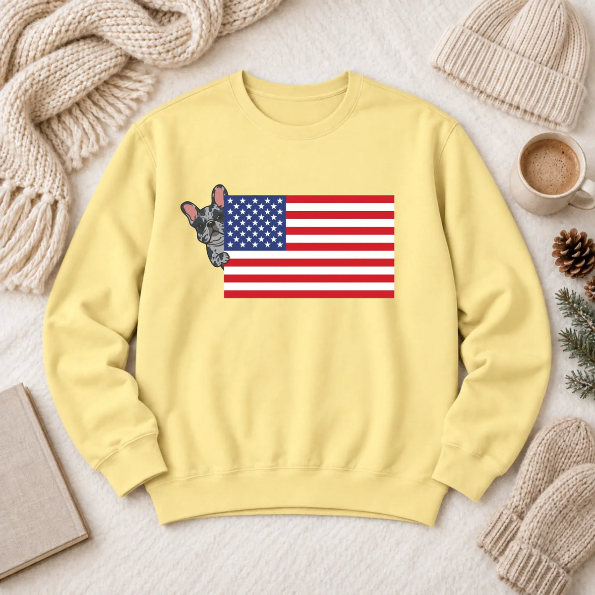 Custom Frenchie Bulldog USA Flag Unisex Sweatshirt Butter