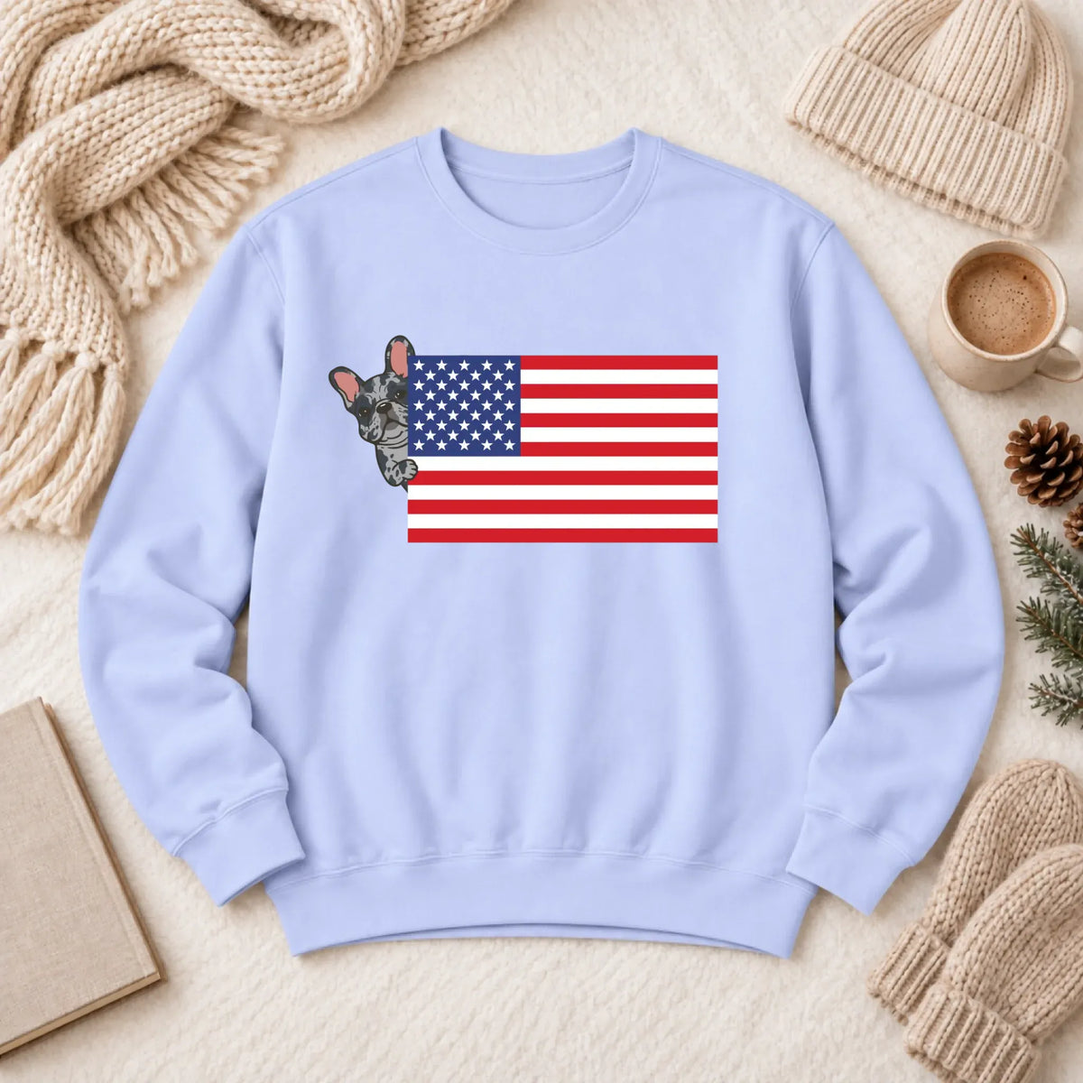 Custom Frenchie Bulldog USA Flag Unisex Sweatshirt Hydrangea