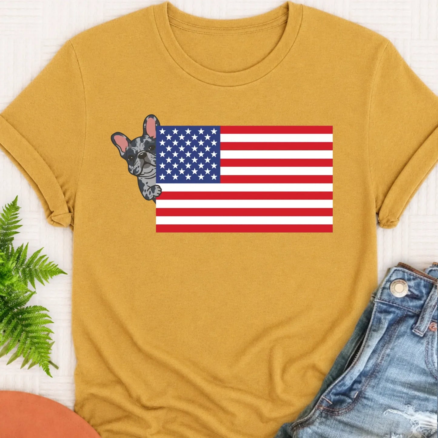 T-Shirt Mustard / S Custom Frenchie Bulldog USA Flag Unisex TShirt