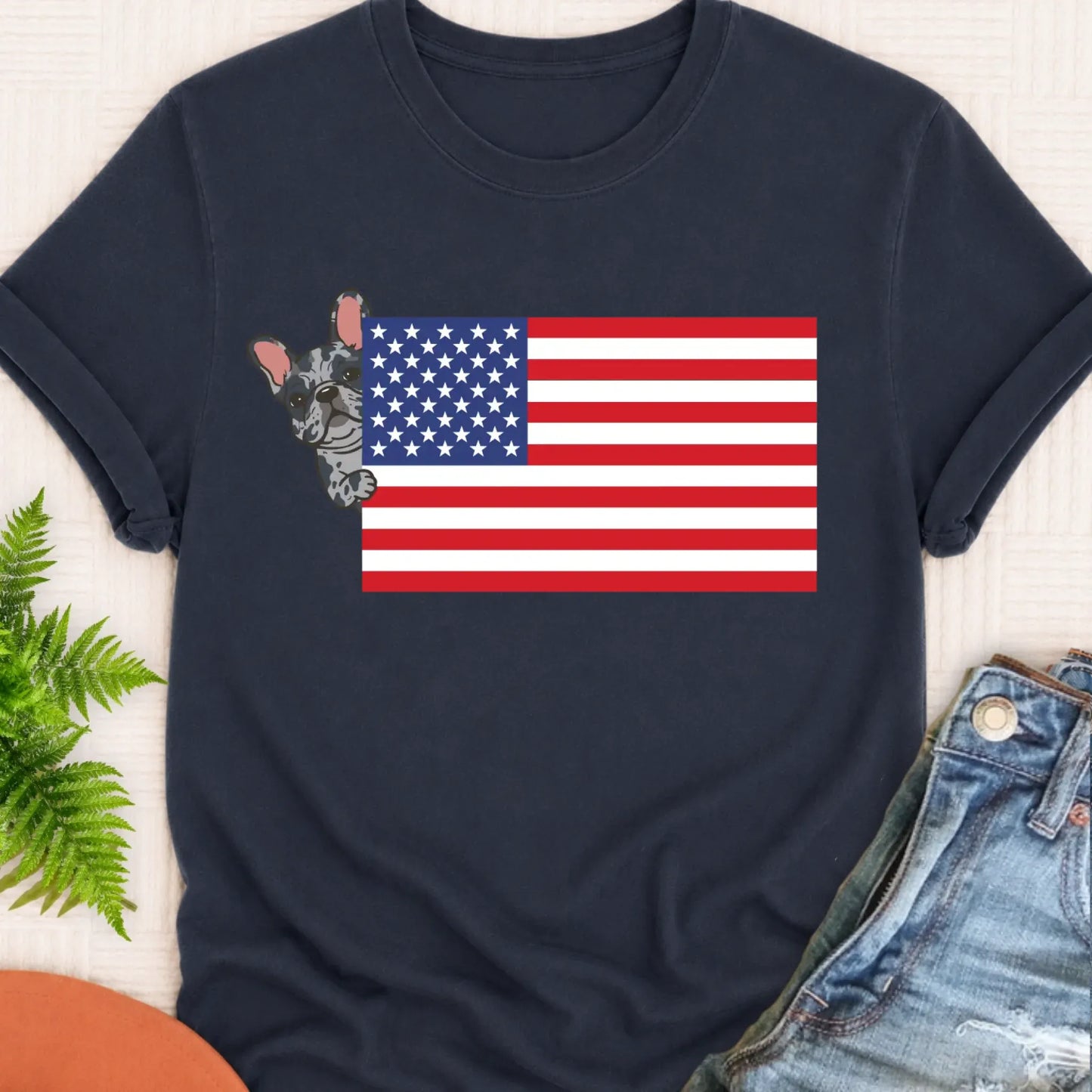 T-Shirt Navy / S Custom Frenchie Bulldog USA Flag Unisex TShirt