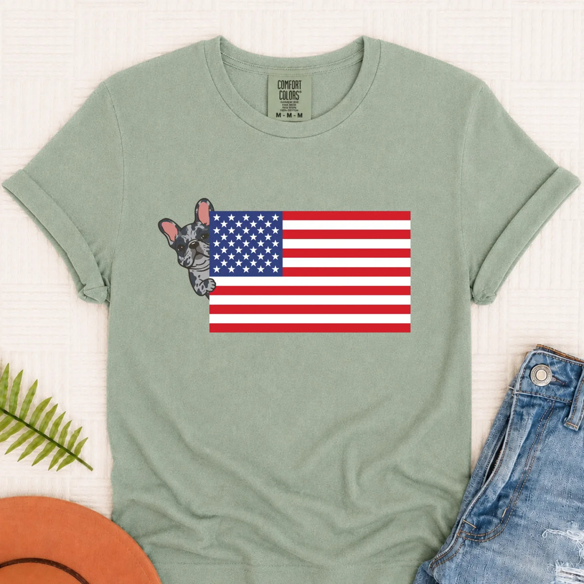 Custom Frenchie Bulldog USA Flag Unisex TShirt Bay