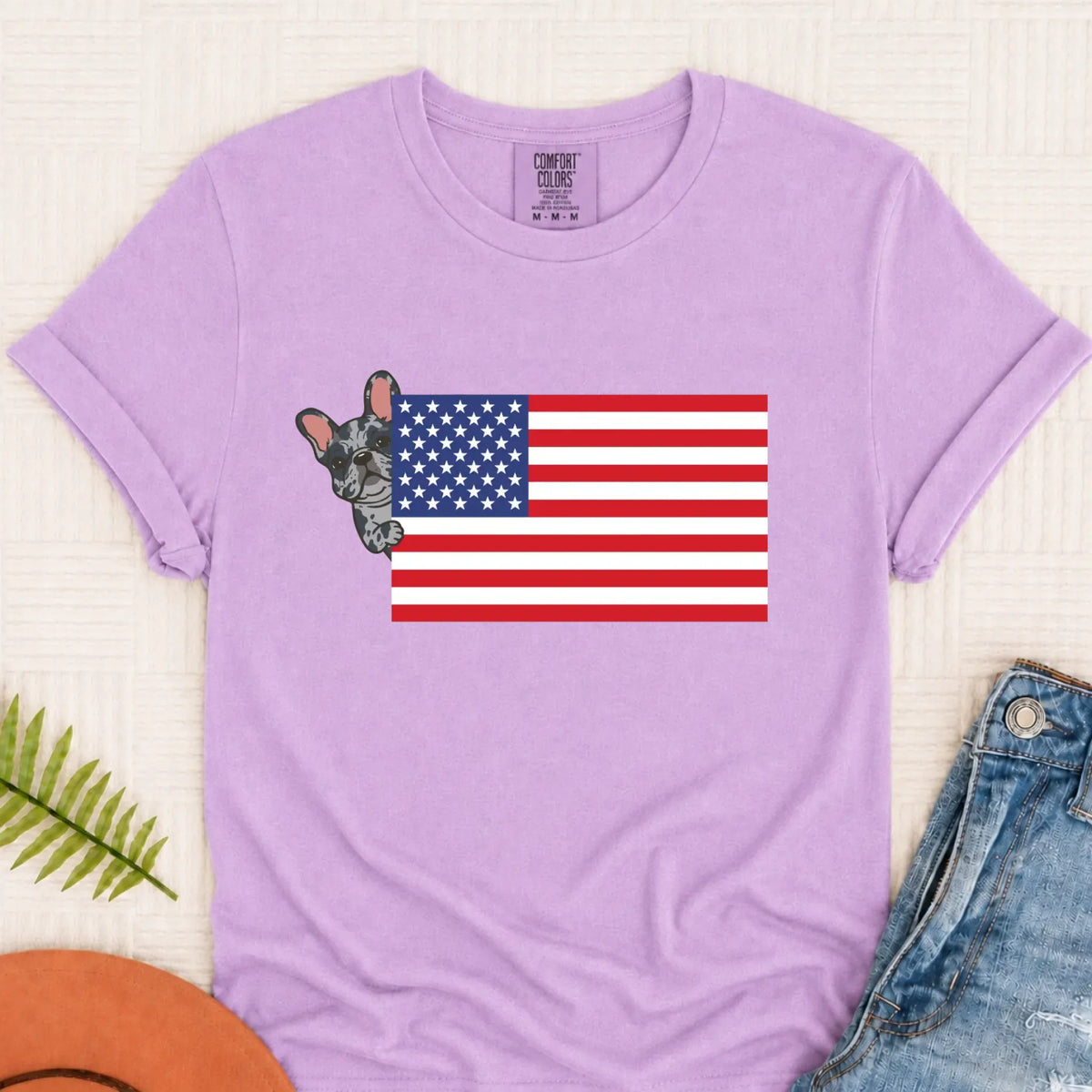 Custom Frenchie Bulldog USA Flag Unisex TShirt Orchid
