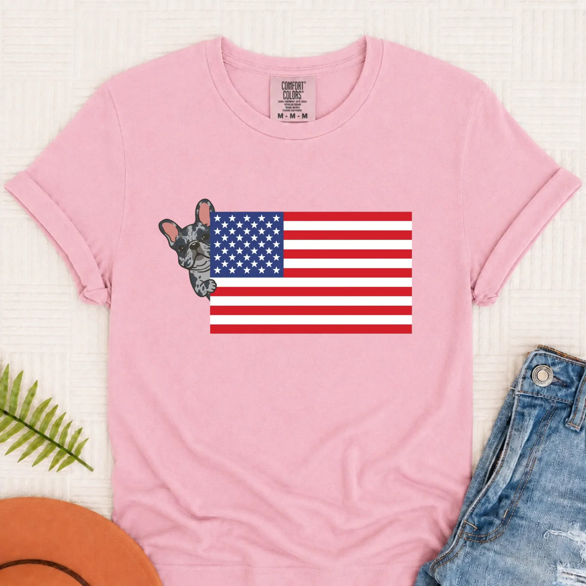 Custom Frenchie Bulldog USA Flag Unisex TShirt Blossom