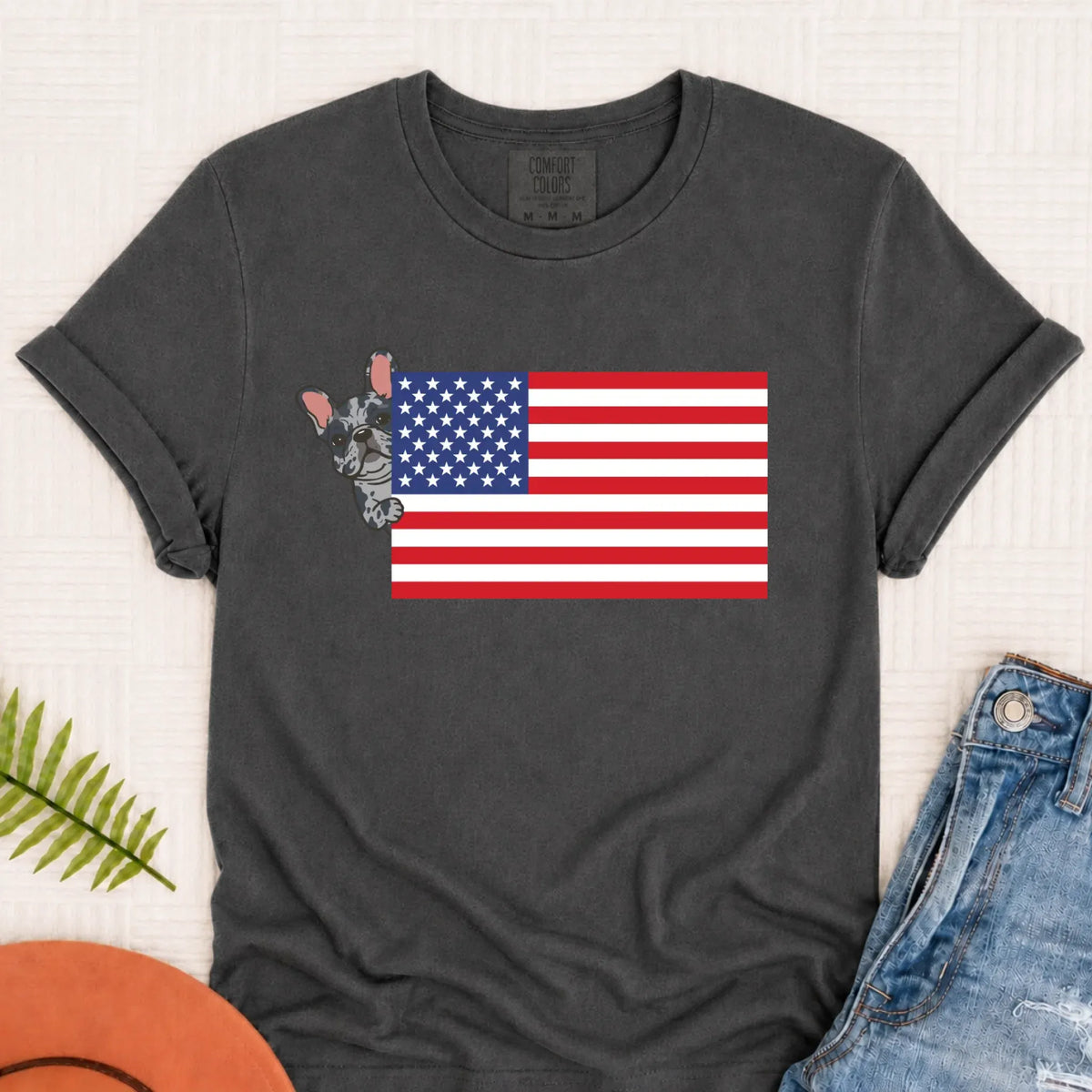 Custom Frenchie Bulldog USA Flag Unisex TShirt Pepper
