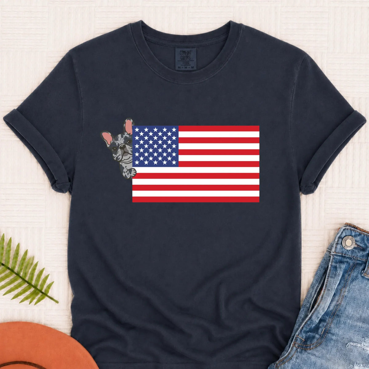 Custom Frenchie Bulldog USA Flag Unisex TShirt Navy