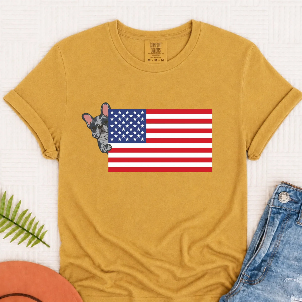 Custom Frenchie Bulldog USA Flag Unisex TShirt Mustard