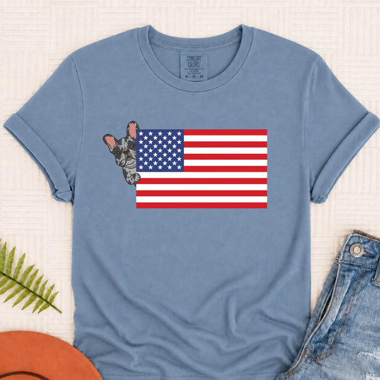Custom Frenchie Bulldog USA Flag Unisex TShirt Blue Jean