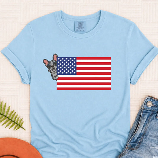 Custom Frenchie Bulldog USA Flag Unisex TShirt Chambray