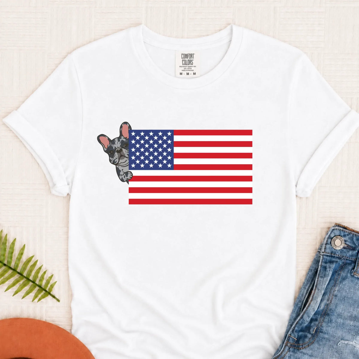 Custom Frenchie Bulldog USA Flag Unisex TShirt White