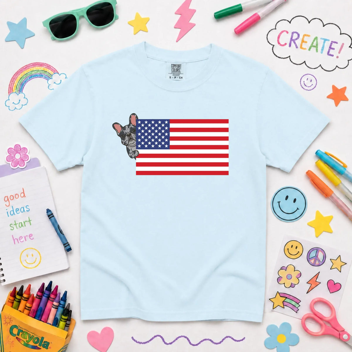 Custom Frenchie Bulldog USA Flag YOUTH Unisex Tshirt NEW Youth Midweight Tee Chambray
