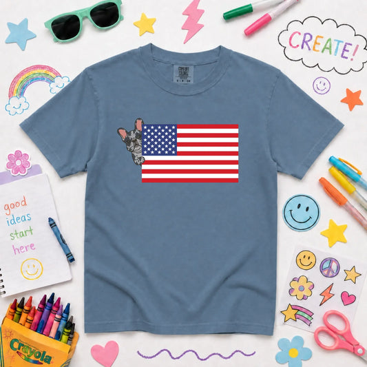 Custom Frenchie Bulldog USA Flag YOUTH Unisex Tshirt NEW Youth Midweight Tee Blue Jean