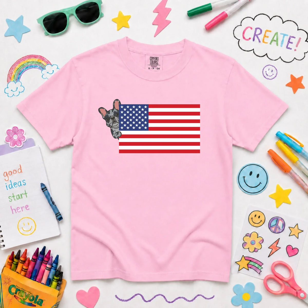 Custom Frenchie Bulldog USA Flag YOUTH Unisex Tshirt NEW Youth Midweight Tee Blossom