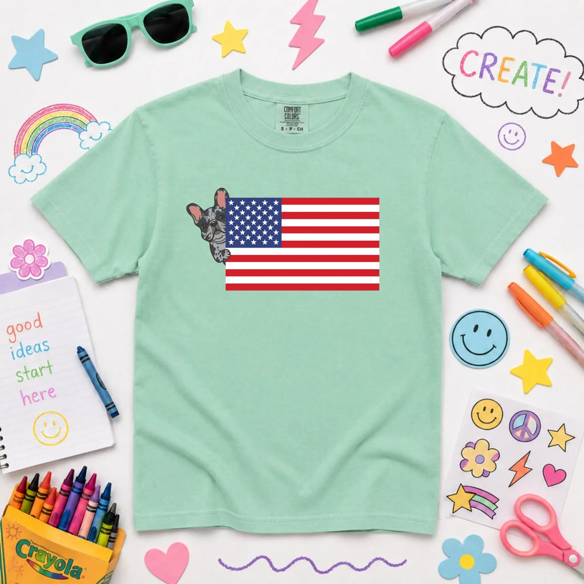 Custom Frenchie Bulldog USA Flag YOUTH Unisex Tshirt NEW Youth Midweight Tee Island Reef