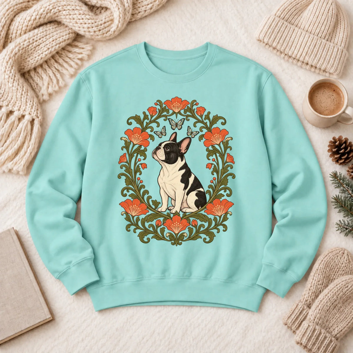 Sweatshirt Chalky Mint / S Custom Frenchie Butterflies Flower Frame Unisex Sweatshirt