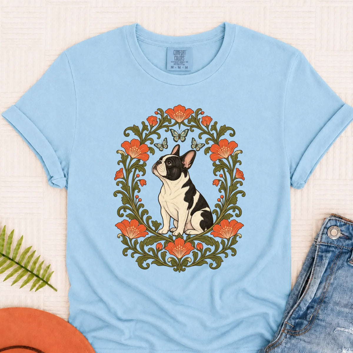 T-Shirt Chambray / S Custom Frenchie Butterflies Flower Frame Unisex TShirt
