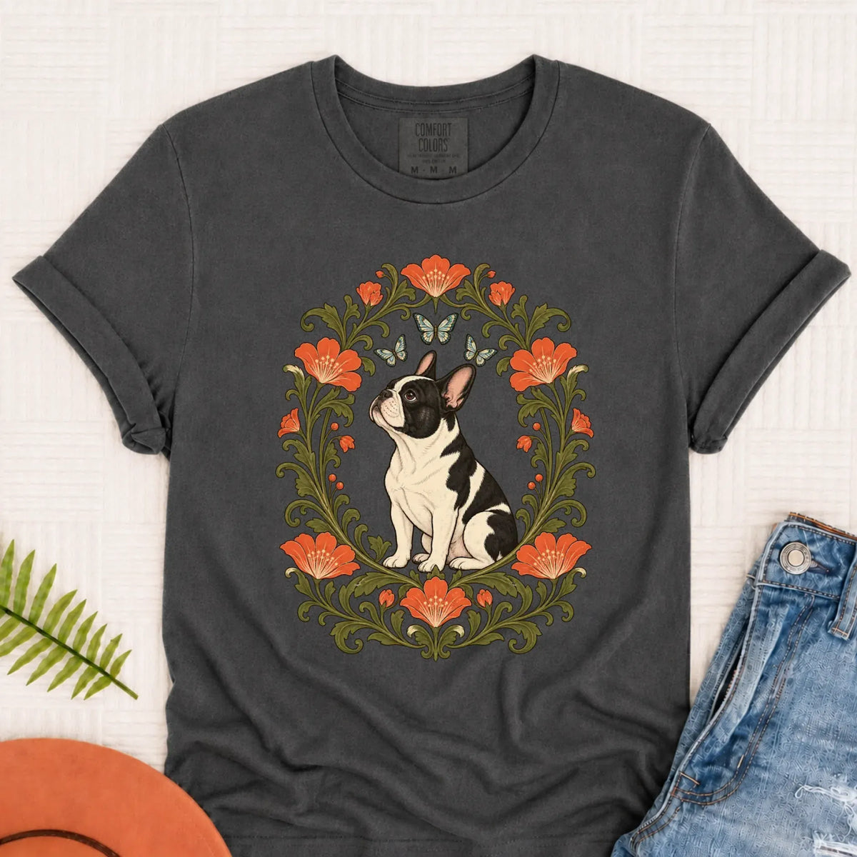 T-Shirt Pepper / S Custom Frenchie Butterflies Flower Frame Unisex TShirt