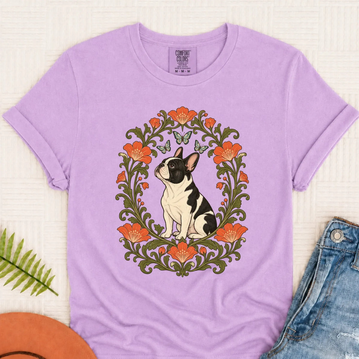 T-Shirt Orchid / S Custom Frenchie Butterflies Flower Frame Unisex TShirt