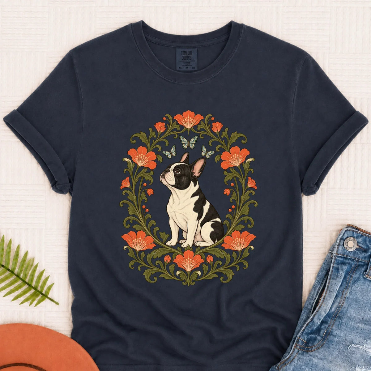 T-Shirt Navy / S Custom Frenchie Butterflies Flower Frame Unisex TShirt