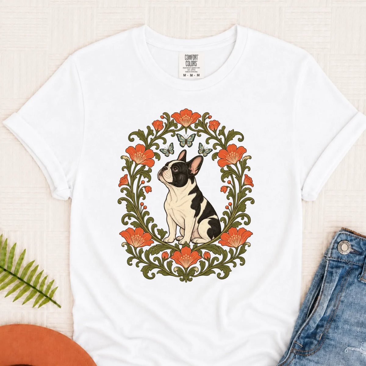 T-Shirt White / S Custom Frenchie Butterflies Flower Frame Unisex TShirt