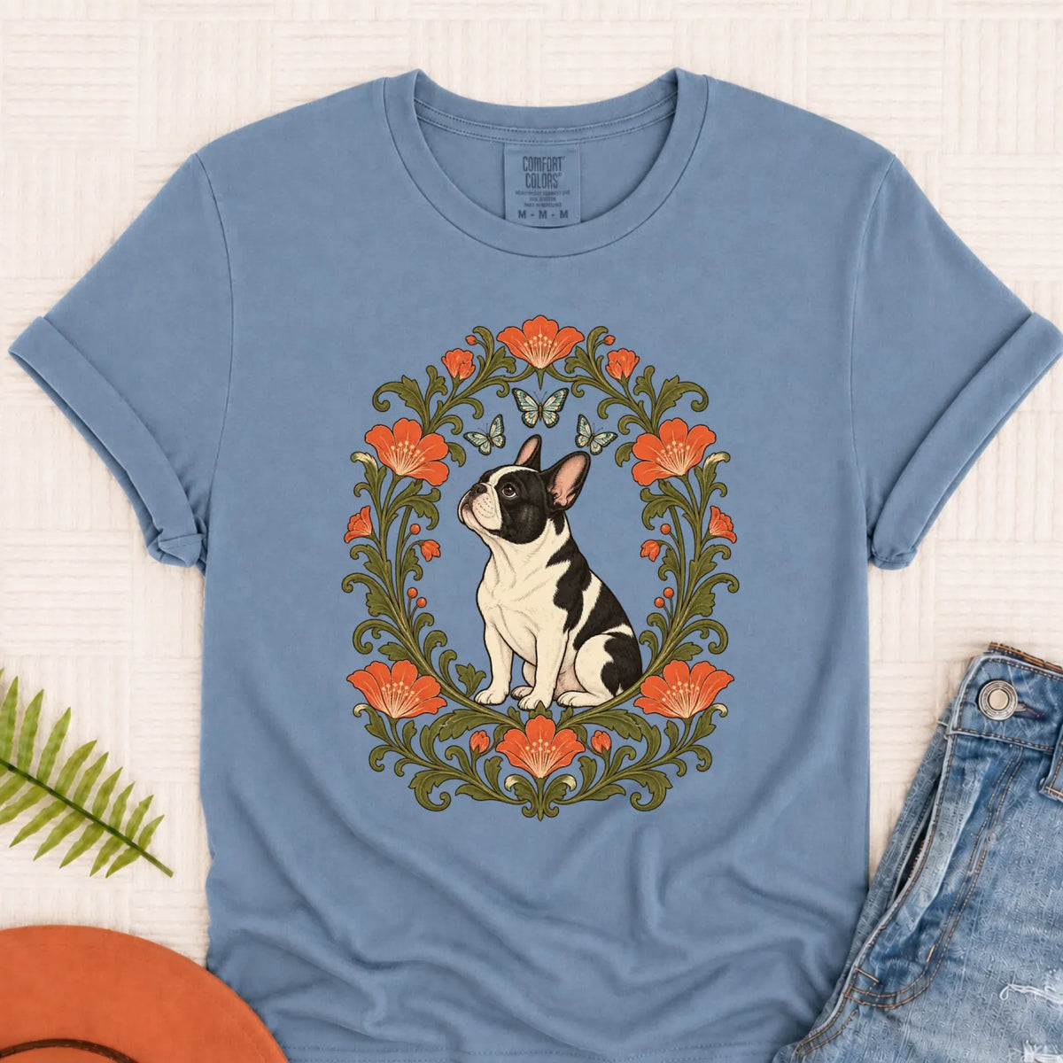 T-Shirt Blue Jean / S Custom Frenchie Butterflies Flower Frame Unisex TShirt