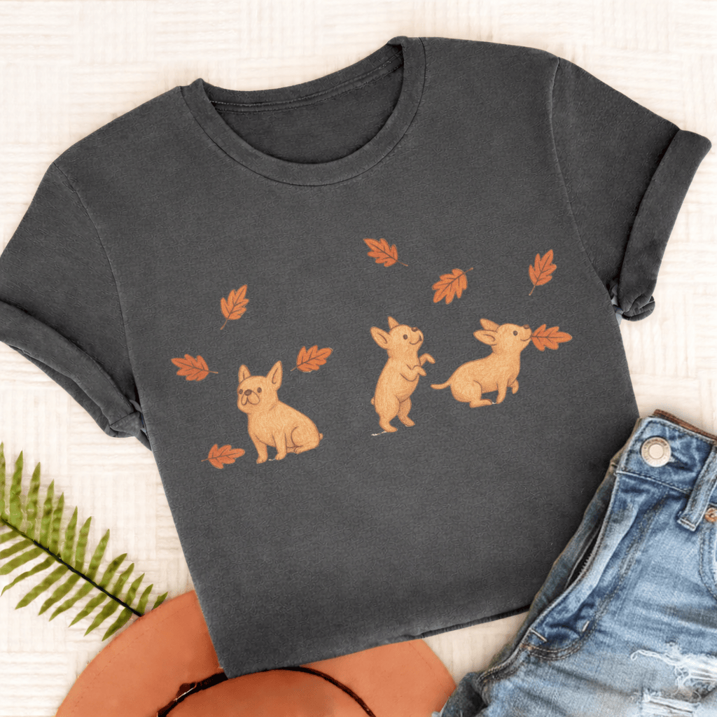 Custom Frenchie Chasing Leaves Unisex TShirt Pepper