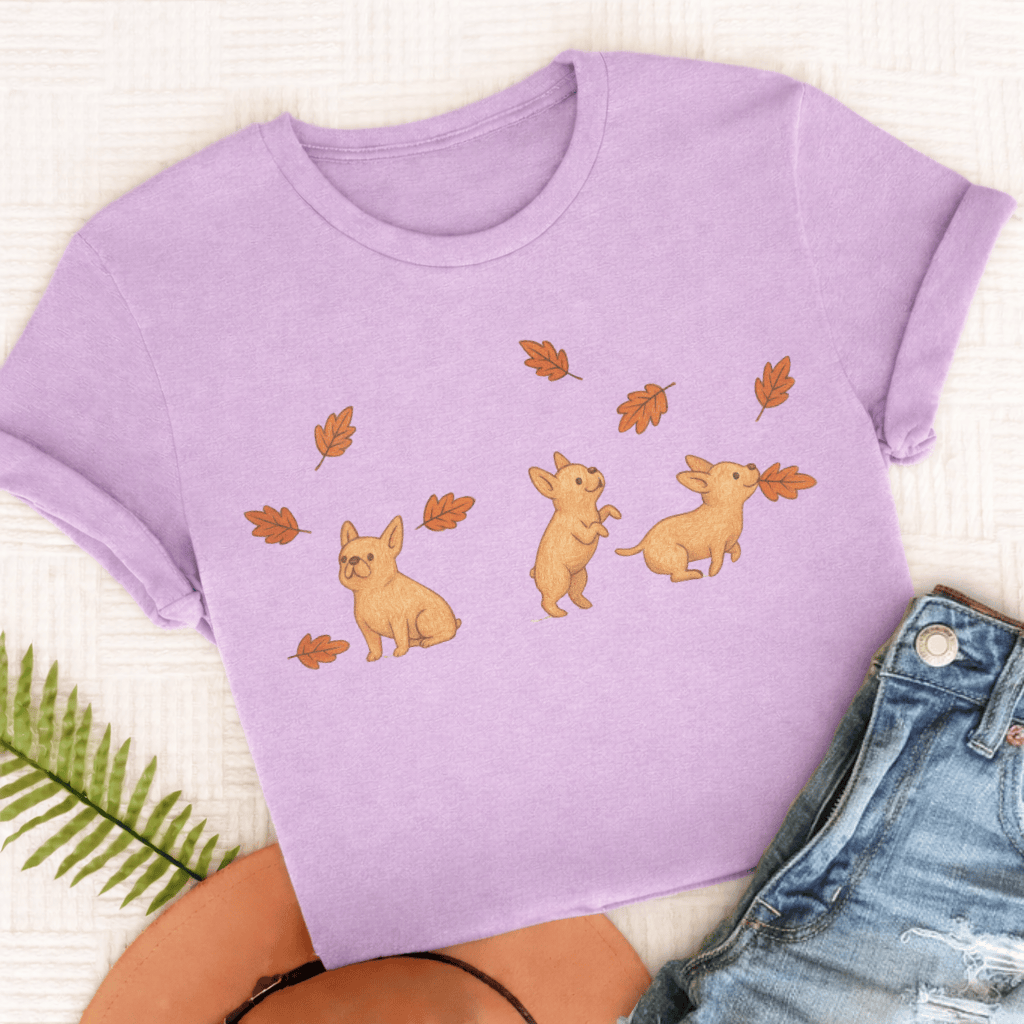 Custom Frenchie Chasing Leaves Unisex TShirt Orchid