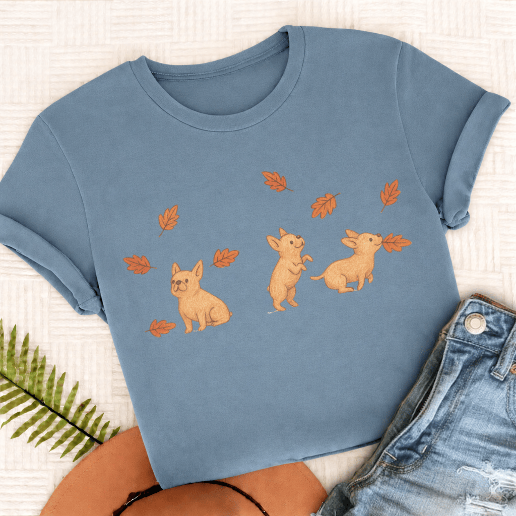 Custom Frenchie Chasing Leaves Unisex TShirt Ice Blue