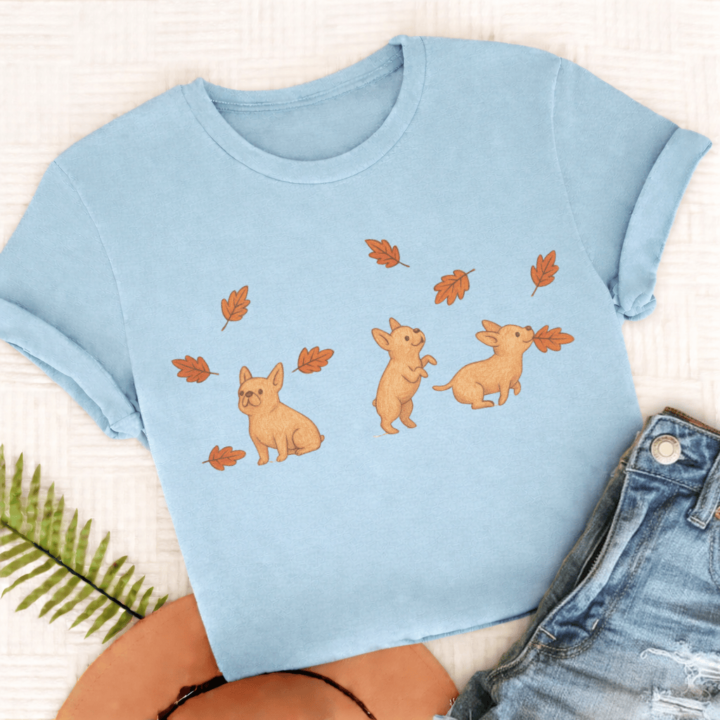 Custom Frenchie Chasing Leaves Unisex TShirt Chambray