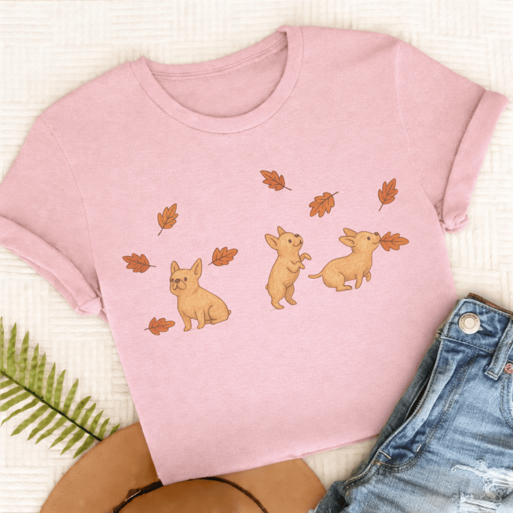 Custom Frenchie Chasing Leaves Unisex TShirt Blossom