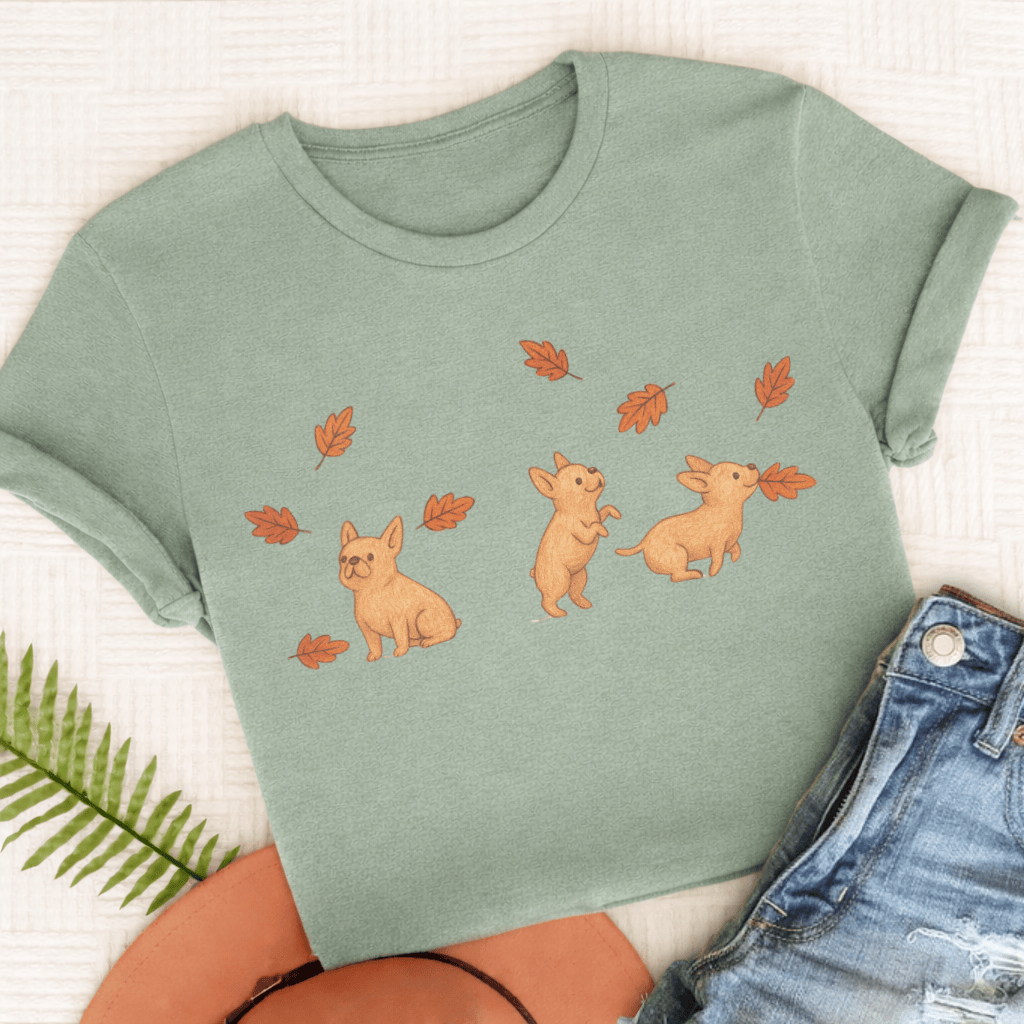 Custom Frenchie Chasing Leaves Unisex TShirt Bay