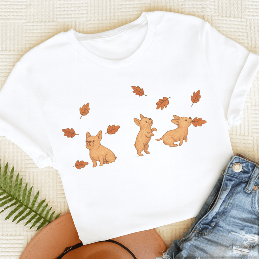 Custom Frenchie Chasing Leaves Unisex TShirt White
