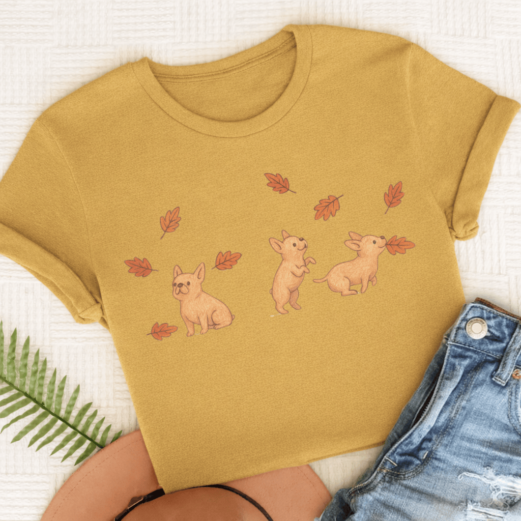 Custom Frenchie Chasing Leaves Unisex TShirt Mustard