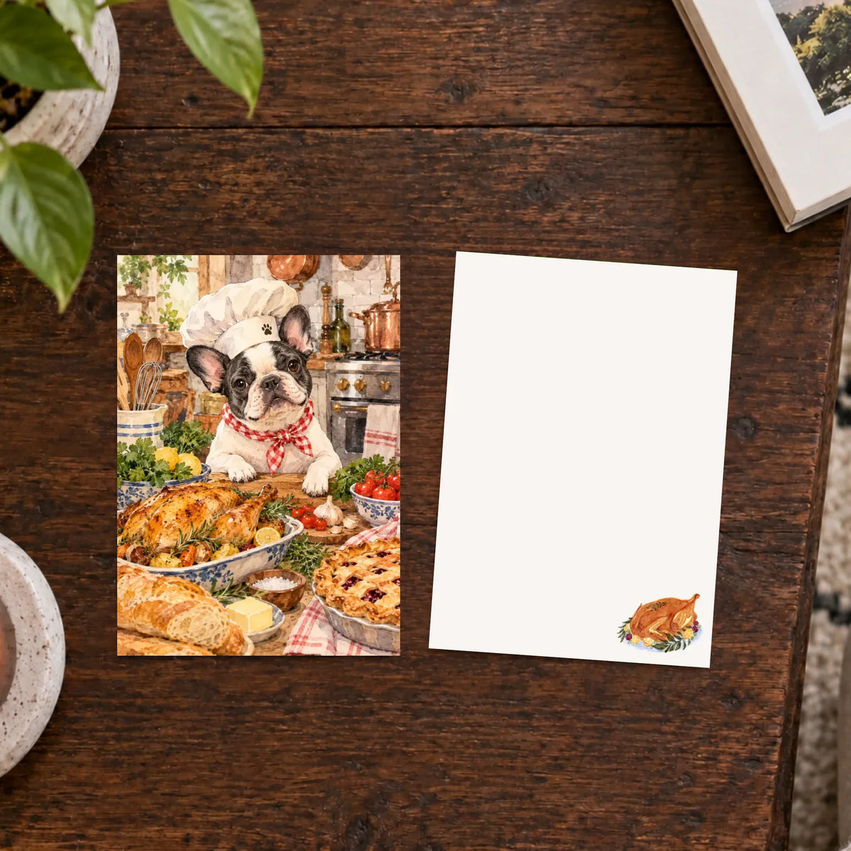 Customizer Flat Greeting Cards (envelopes included) / Default / 5" x 7" (square corner) / Eggshell / 1 pc Custom Frenchie Chef Kitchen Art Greeting Card